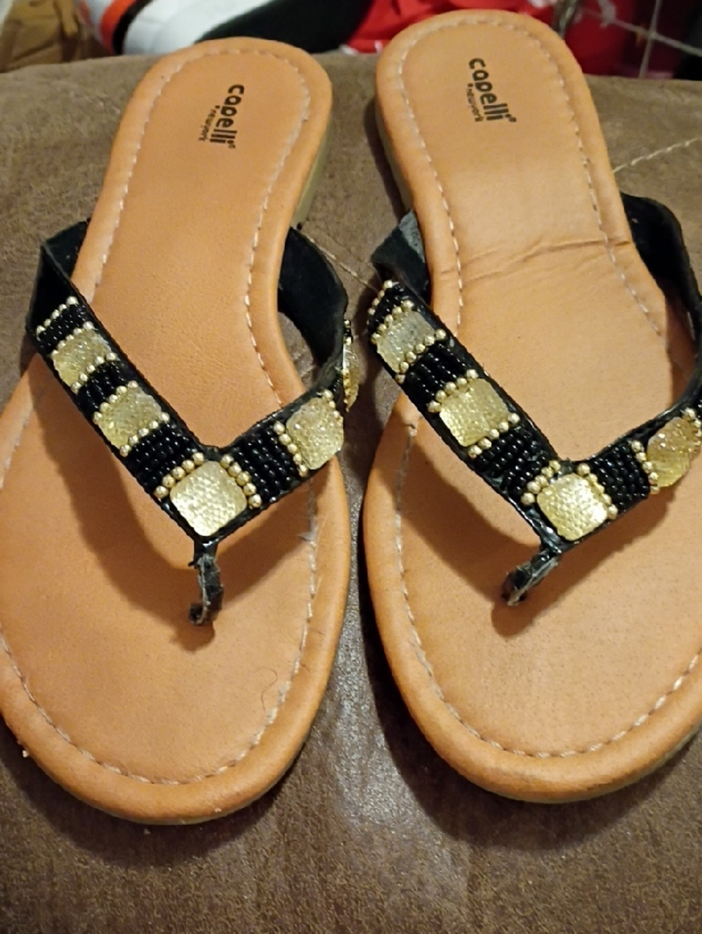 Capelli of New York Black and Gold Beaded Thong Sandals